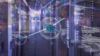 Bilgisayar sunucuları üzerinden simgeler ve veri işleme ağlarının animasyonu. Küresel iş, bağlantılar, hesaplama ve veri işleme kavramı dijital olarak oluşturulmuş video.
