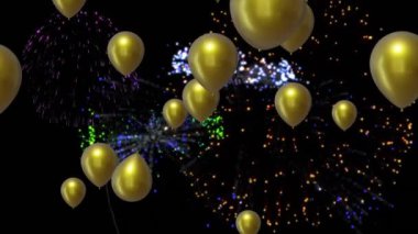 Siyah arka planda havai fişekleri olan altın balonların animasyonu. Yeni yıl, yeni yıl arifesi, parti, kutlama ve geleneksel konsept dijital olarak oluşturulmuş video.