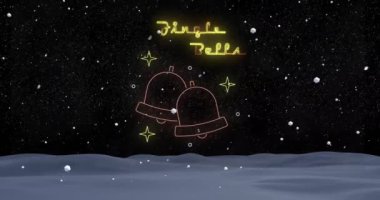 Kış manzarası arka planında çan seslerinin animasyonu. Noel, gelenek, kutlama hareketi ve dijital olarak üretilen renk konsepti.