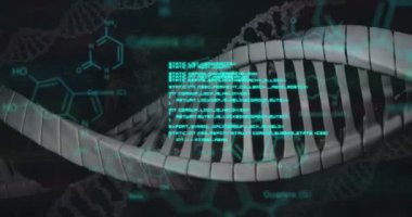 Kimyasal yapıların animasyonu ve DNA yapısı üzerinden kara arka plana karşı veri işleme. Tıbbi araştırma ve bilim teknolojisi kavramı