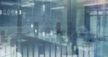 Boş ofisteki insanları yürütürken birden fazla grafiğin animasyonu. Dijital bileşik, çoklu pozlama, rapor, iş, büyüme, soyut ve teknoloji kavramı.