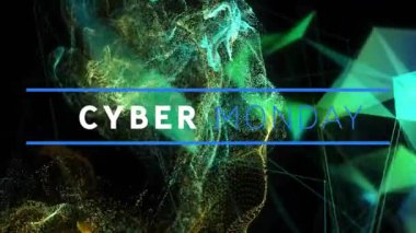 Parlak yeşil ağ arkaplan üzerinden siber pazartesi metninin animasyonu. Satışlar, perakende satış, siber alışveriş, dijital arayüz, iletişim, bilgisayar ve veri işleme kavramı dijital olarak oluşturuldu.