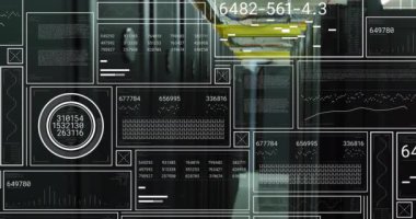 Animation of interface with data processing against computer server room. Computer interface and business data storage technology concept