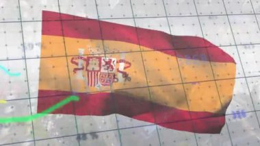 Çizgi üzerinde dalgalanan İspanyol bayrağının animasyonu ızgara deseni üzerinde rakamlarla hareket ediyor. Dijital bileşik, vatanseverlik, bağımsızlık, iş dünyası, rapor, ilerleme, büyüme ve veri işleme.