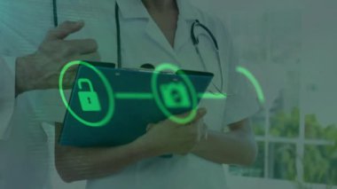 Hastanedeki hasta raporlarını tartışan farklı doktorlar üzerinde ikonların akış çizelgelerinin canlandırılması. Dijital bileşik, çoklu pozlama, iş, büyüme, tıbbi, takım çalışması ve sağlık konsepti.