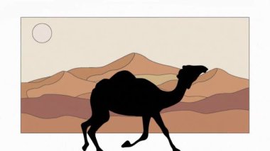 Kahverengi arka planda dağların üzerinden deve silueti animasyonu. Peyzaj, doğa, hareket ve renk konsepti dijital olarak oluşturulmuş video.