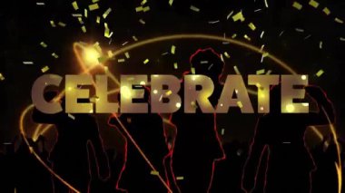Kutlama metni, küre ve konfetisinin siyah arka plana düşüşünün animasyonu. Yeni yıl, yeni yıl arifesi, kutlama ve geleneksel konsept dijital olarak oluşturulmuş video.