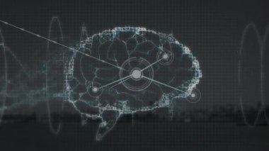 İnsan dijital beyninin animasyonu ve siyah arkaplanda birleşik noktalar. Dijital olarak üretilmiş, hologram, illüstrasyon, anatomi, iletişim ve yapay zeka ve teknoloji kavramı.