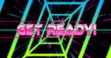 Neon eğimli tünellere ve pürüzsüz desenli ışık yollarına karşı hazır metin pankartı animasyonu. Video oyunu ve eğlence teknolojisi kavramı