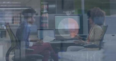 Animation of statistical data processing against two diverse women discussing at office. Computer interface and business data technology concept