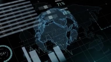 Dünya üzerindeki bilgi arayüzü ile arkaplandaki haritanın animasyonu. Dijital olarak üretilen hologram, illüstrasyon, rapor, iş dünyası, büyüme, ilerleme, veritabanı ve küreselleşme kavramı.
