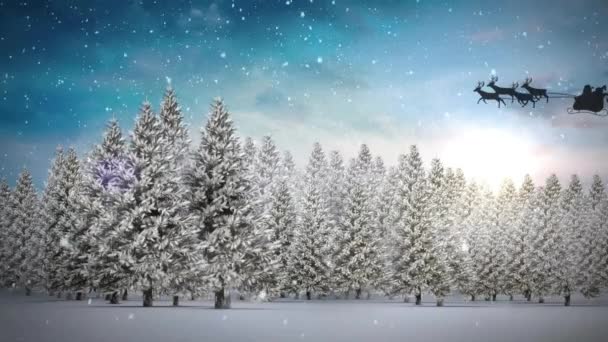 Animasi Salju Dan Pohon Atas Kereta Luncur Santa Dengan Rusa — Stok Video