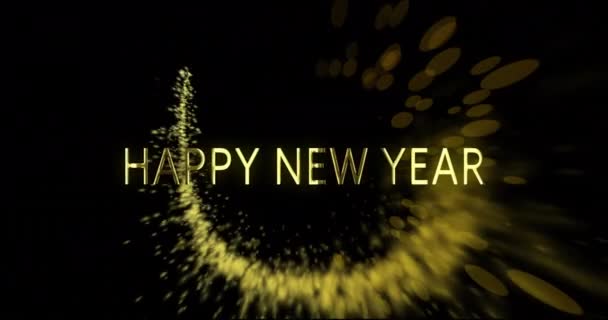 Animatie Van Vrolijke Nieuwjaarstekst Gloeiende Lichtsporen Zwarte Achtergrond Nieuwjaar Oudejaarsavond — Stockvideo