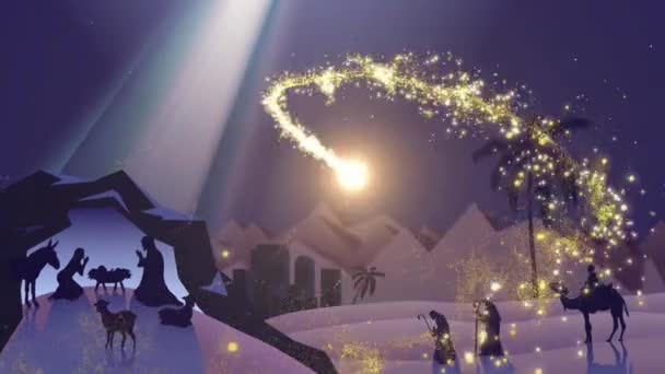 Animação Estrela Cadente Sobre Presépio Natal Cena Cenário Inverno Fundo — Vídeo de Stock