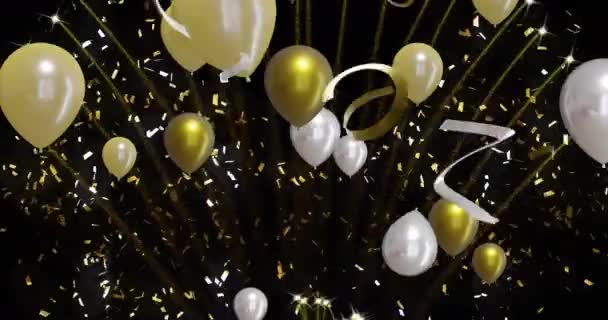 Siyah Zemin Üzerinde Havai Fişekler Olan Altın Gümüş Balonların Animasyonu — Stok video