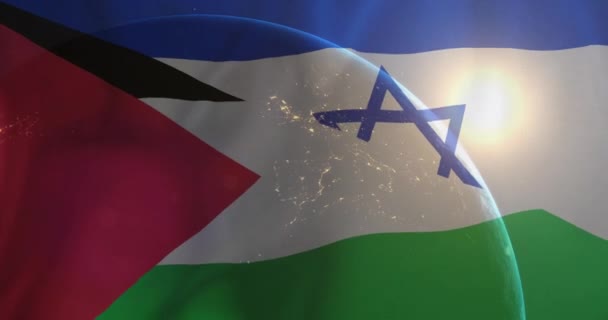 Анимация Земного Шара Над Флагом Палестина Израиля Конфликты Палестине Финансы — стоковое видео