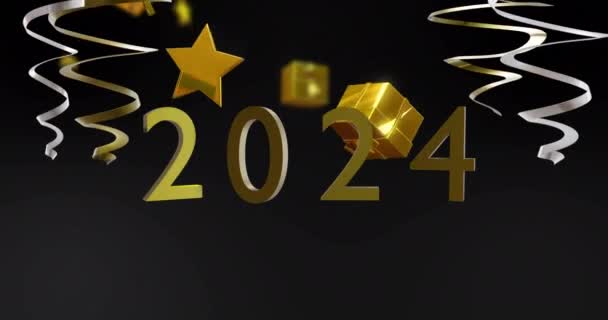 Animación 2024 Serpentinas Fiesta Estrellas Sobre Fondo Negro Año Nuevo — Vídeo de stock