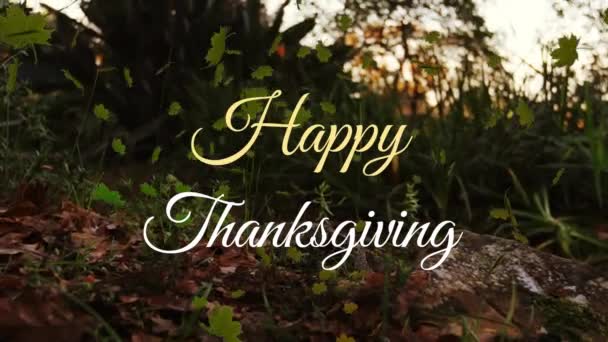 快乐的感恩文字和绿叶在绿树绿草的低视角上的动画 数码合成 多重曝光 感恩庆典 传统与秋天的概念 — 图库视频影像