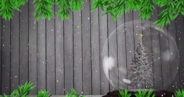 Анимация Ветки Снега Падающих Рождественскую Елку Снежном Шаре Деревянном Фоне — стоковое видео