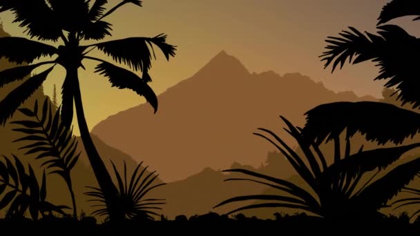 Animación Silueta Palmeras Sobre Montañas Sobre Fondo Marrón Paisaje Naturaleza — Vídeo de stock