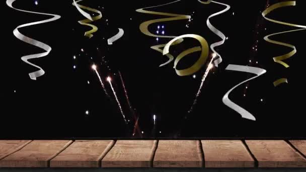 Animación Serpentinas Fiesta Fuegos Artificiales Sobre Fondo Negro Año Nuevo — Vídeos de Stock