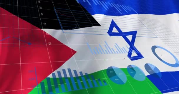 Animación Del Procesamiento Datos Financieros Sobre Bandera Palestina Israel Palestina — Vídeos de Stock