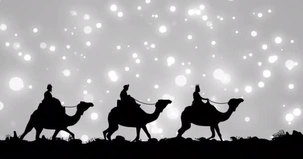 Animación Puntos Brillantes Sobre Hombres Sabios Navidad Camellos Sobre Fondo — Vídeo de stock