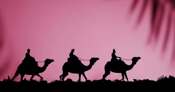 Animation of christmas wise men on camels on pink background. Christmas, tradition, celebration movement and colour concept digitally generated video.