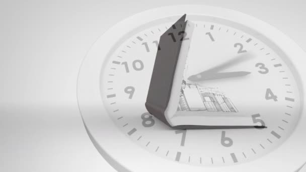 Animation Eines Buches Mit Stadtbild Über Uhr Auf Weißem Hintergrund — Stockvideo