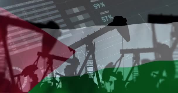 Анимация Нефтяных Буровых Установок Обработка Финансовых Данных Над Флагом Палестина — стоковое видео