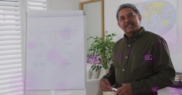 Animation Multiple Text Senior Biracial Man Teaching Whiteboard Video Call — Stock Video