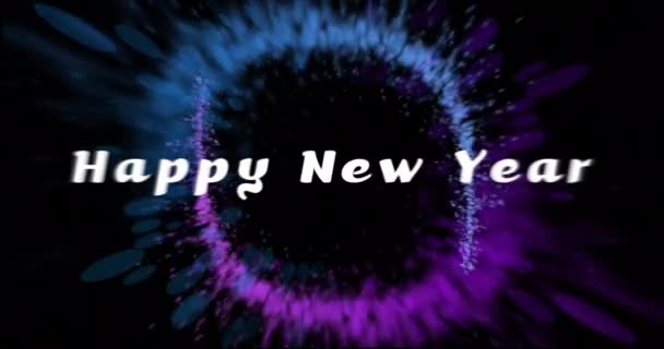 Animatie Van Vrolijke Nieuwjaarstekst Gloeiende Lichtsporen Zwarte Achtergrond Nieuwjaar Oudejaarsavond — Stockvideo