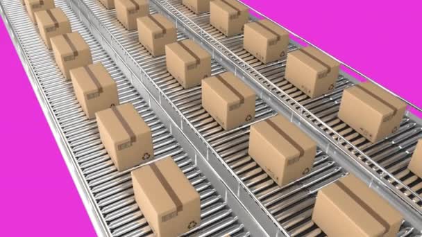 Animación Cajas Cartón Moviéndose Sobre Bandas Transportadoras Sobre Fondo Rosa — Vídeo de stock