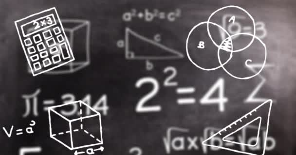 Animazione Icone Concettuali Matematiche Equazioni Matematiche Sfondo Nero Lavagna Concetto — Video Stock