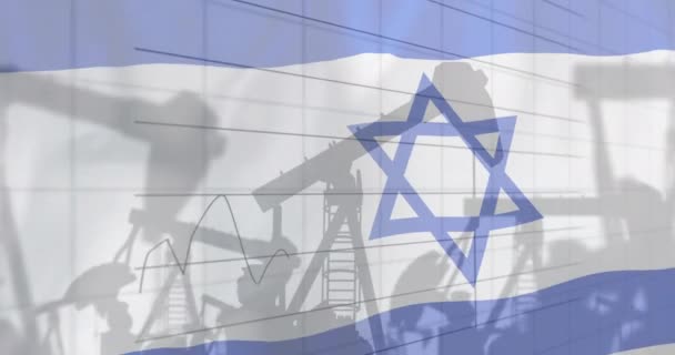 イスラエルの国旗をめぐる石油リグと金融データのアニメーション パレスチナのイスラエル紛争 ビジネス データ処理のコンセプトデジタル生成ビデオ — ストック動画