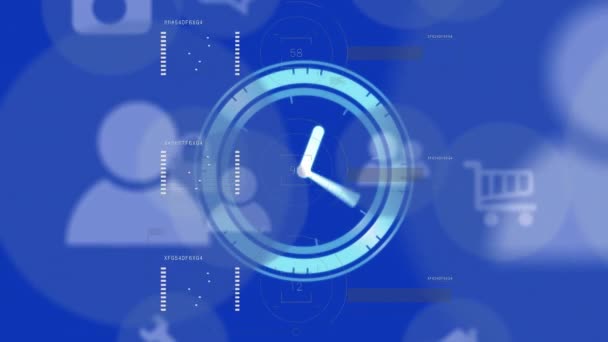 ブルーバックグラウンド上のデジタル時計と複数のアイコンのアニメーション デジタル生成 ホログラム イラスト ショッピング ビジネス メッセージ 抽象的および時間の概念 — ストック動画