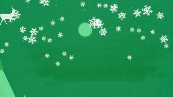 Animatie Van Sneeuwvlokken Santa Rijden Slee Met Rendieren Huizen Bergen Stockvideo's