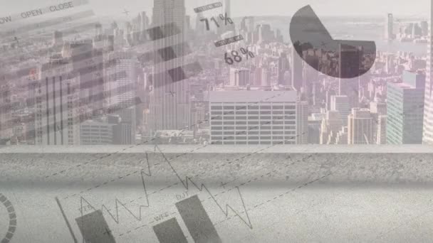 Анимация Обработки Финансовых Данных Над Городским Пейзажем Глобальный Бизнес Финансы Стоковое Видео
