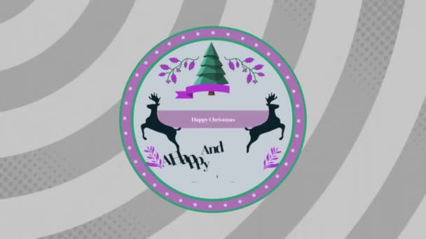 メリークリスマスのアニメーションとグレーのストライプバック上の円で幸せな新年のテキスト イラスト デジタル生成 クリスマスツリー トナカイ お祭り 冬休み お祝い — ストック動画
