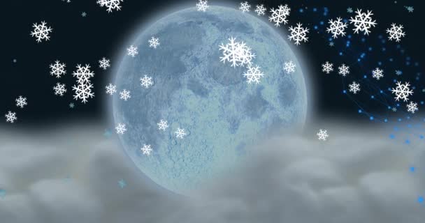 雪片在雪橇上的圣塔爪上的动画 在夜空中由驯鹿拉在月亮上 圣诞庆典和庆祝活动的概念 — 图库视频影像