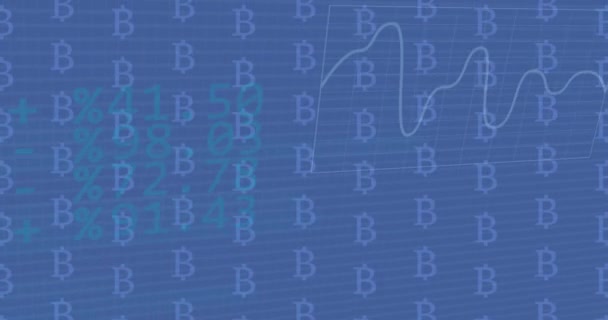 Mavi Arka Planda Bitcoin Sembolleri Üzerinden Finansal Veri Işleme Animasyonu — Stok video