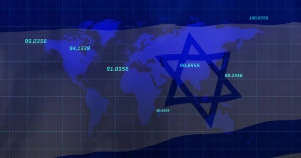 Анимация Карты Обработки Данных Над Флагом Израиля Палестинский Конфликт Финансы — стоковое видео