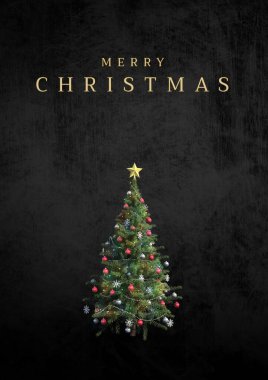 Noel ağacında süslemeli mutlu noel mesajının kompozisyonu. Noel, şenlik, kutlama ve gelenek konsepti dijital olarak oluşturuldu.