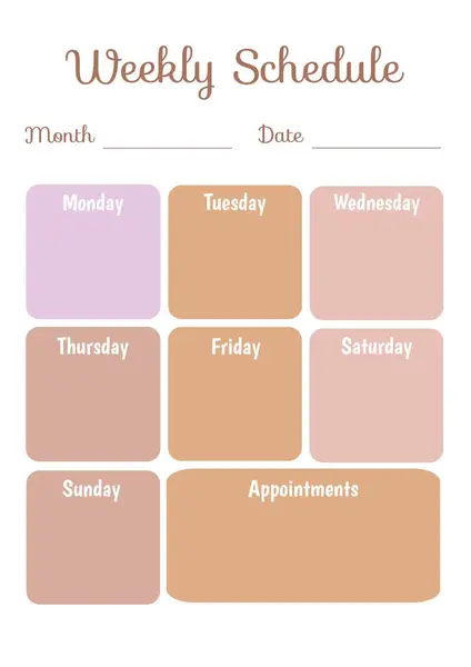 Weekly schedule, month, date, monday, tuesday, wednesday, thursday, friday, saturday, sunday text. Illustration, appointments, vector, personal organizer, calendar, planning, design, template.