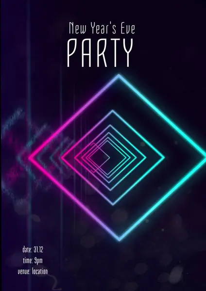 New year\'s eve party text in white with glowing blue and pink concentric diamond shapes on black. New year celebration party invite template with holding text for details digitally generated image.