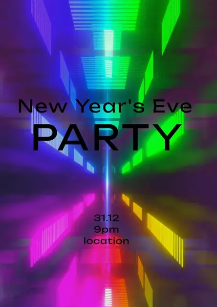 New year\'s eve party text in black over colourful radiating blocks of light. New year celebration party invite template with holding text for details digitally generated image.