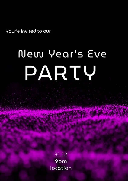 You're invited to our new year's eve party text in white with purple particles on black. New year celebration party invite template with holding text for details digitally generated image.