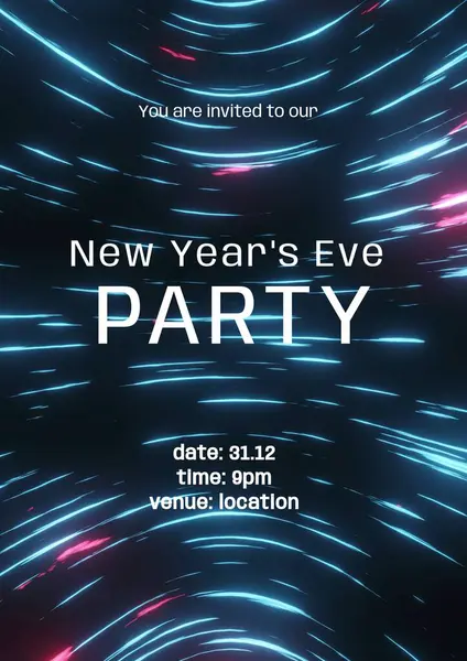 You are invited to our new year\'s eve party text in white over swirling blue and pink lights. New year celebration party invite template with holding text for details digitally generated image.