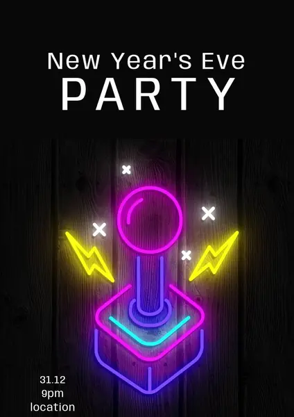 New year's eve party text in white with neon gaming joystick on black. New year celebration party invite template with holding text for details digitally generated image.