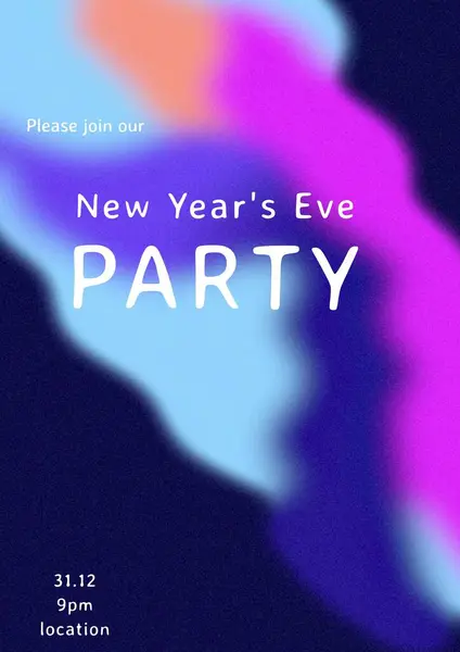 Please join our new year\'s eve party text in white over defocused pink and blue shaped on black. New year celebration party invite template with holding text for details digitally generated image.